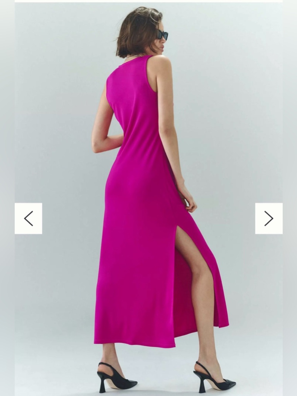 Anthropologie Ruched Scoop-Neck Midi Dress Fuschia Pink Sleeveless Dress Slit - Picture 2 of 4